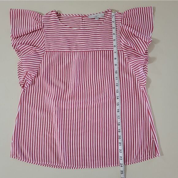 Loft Women's Red Striped Flutter Sleeve Rayon Blouse - Picture 11 of 16